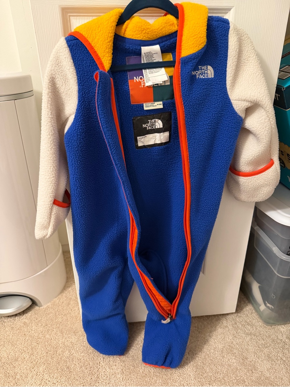 The North Face Royal Blue Fleece One-Piece with White Sleeves & Orange Trim